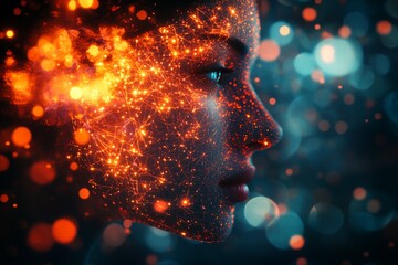 Aufkleber - Abstract digital portrait of a woman with glowing connections and vibrant colors conveying a sense of technology and creativity