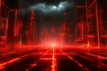 Aufkleber - Digital landscape illuminated by red lights and futuristic design under a dramatic cloudy sky