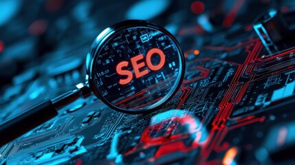 Poster - magnifying glass focusing on seo text over circuit board representing digital marketing strategy and