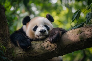 Poster - Panda resting on a tree branch in a lush green environment during daylight