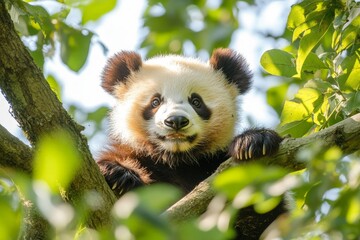 Poster - Playful panda cub climbing a tree in a lush forest setting during daylight hours