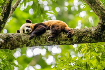 Poster - Panda resting on tree branch in a lush forest setting during a sunny day
