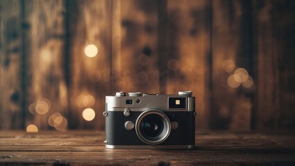 Poster - Classic camera sits on a wooden table surrounded by warm bokeh lights in a cozy setting