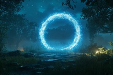 Poster - Mysterious glowing portal illuminated in a forest at night surrounded by trees and under a starry sky