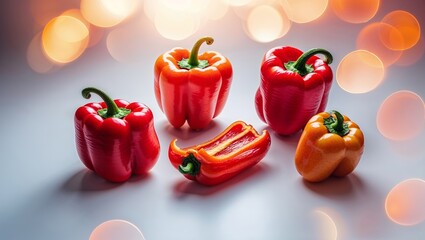 Poster - Colorful bell peppers arranged artistically on a soft surface with blurred lights in the background