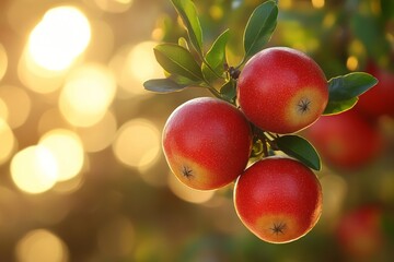Poster - Beautiful ripe red apples hanging on a tree branch under soft sunlight in an orchard