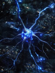 Poster - A close-up of a glowing blue neuron with multiple dendrites and axons on a dark background.