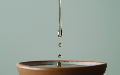 Poster - Amber liquid pours into a terracotta bowl against a muted green background.  The focus is on the falling droplets creating a serene, minimalist image