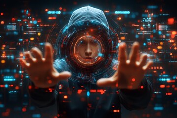 Aufkleber - Person manipulating digital data with futuristic interface in a dark setting