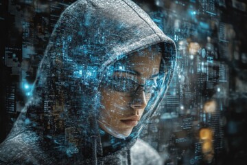 Poster - Person in a hoodie engaged with digital technology in a futuristic environment