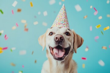 Wall Mural - happy dog wearing a party hat surrounded by colorful confetti celebrating a fun occasion