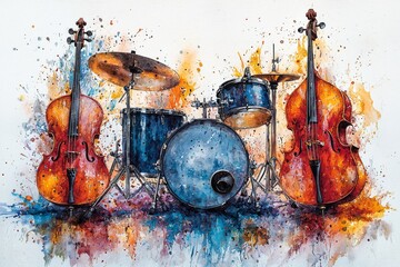 Poster - Hand-painted music illustrations featuring instruments are produced as stock items