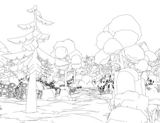 Poster - A serene forest scene with a large tree in the foreground and a path leading through it. The path is surrounded by rocks and trees, creating a peaceful and tranquil atmosphere