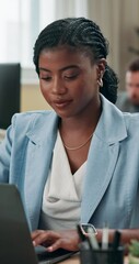 Fototapete - Business, black woman and typing on laptop in office for article proofreading, creative process or blog insight. Media agency, journalist or story development for news publication or editing research