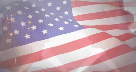 Poster - Fireworks animation over American flag with faint silhouettes in background