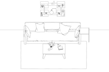 Poster - A drawing of a living room with a couch and a coffee table. The couch is covered in pillows and there is a vase on the coffee table. The room has a cozy and inviting atmosphere