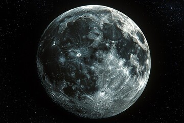 Poster - Full moon shines brightly over the night sky, illuminating stars and revealing detailed craters and surface textures