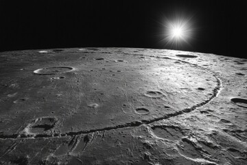 Poster - Detail of the lunar surface with sun rising over the horizon in stark black and white