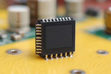 Fototapete - Close-up view of a microchip on a printed circuit board showcasing advanced technology and electronic components