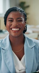 Aufkleber - Tablet, happy and face of black woman in office with confidence for company profit report. Digital technology, pride and African female financial planner with email for investment deal approval.