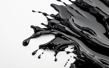 Poster - Abstract image of black liquid splatter on white background.  Dynamic, textured, and high contrast. The black paint is glossy and shows depth