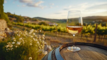Aufkleber - A glass filled with golden wine sits on a weathered barrel, surrounded by lush vineyards under a stunning sunset glow. This serene moment embodies the beauty of nature and relaxation