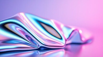 Poster - Iridescent holographic texture blue fabric rippling abstract background, reflecting pink metallic hues against luminous futuristic visual landscape