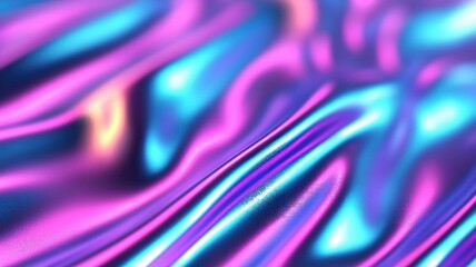 Poster - Iridescent holographic landscape metallic fabric rippling abstract background, reflecting pink blue hues against luminous futuristic visual texture