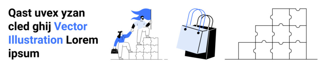 Woman placing puzzle pieces, shopping bags, and stacked puzzle blocks. Ideal for problem-solving, puzzle building, e-commerce, shopping, teamwork, organization flat landing page banner