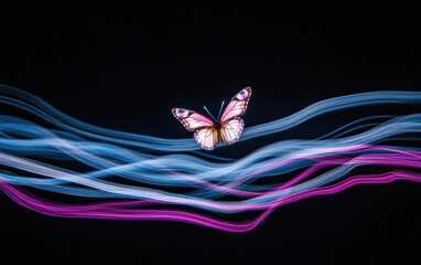 Poster - Pink butterfly on light trails, dark background. Abstract image with blue and purple light streaks.  Nature and technology concept