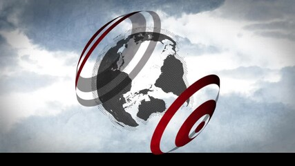 Poster - Rotating globe with red and white rings in cloudy sky animation background