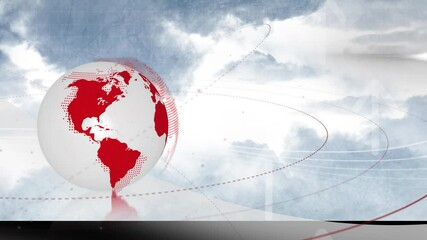 Poster - Animation of white globe with red continents, dynamic lines against cloudy sky