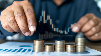 Poster - Financial Growth: A person's hand attentively examines a financial growth chart, coins stacked in escalating piles symbolize financial gain.