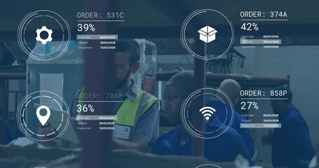 Poster - In warehouse, workers discussing logistics with animated data processing overlay