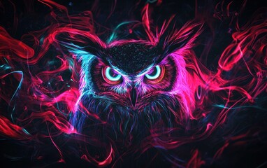 Fototapete - stylized owl portrait rendered in vibrant pink, blue, and teal particles against a dark background. 