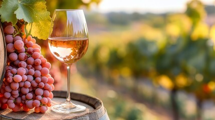 Poster - In a serene countryside, a glass of refreshing rosé rests beside a cluster of ripe grapes on a wooden barrel. The warm glow of sunset enhances the lush greenery of the vineyard