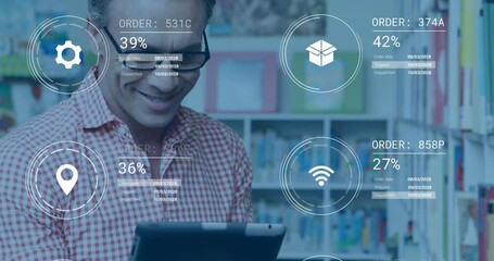 Poster - Using tablet, man processing digital order with animation graphics overlay
