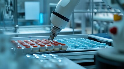 Poster - A robotic arm assembling components in an advanced automated factory.