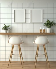 Poster - Modern kitchen bar with two stools, houseplants, and frames for artwork in a bright, minimalist setting. Copy space, commercial use