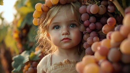 Poster - A young child gazes curiously amid ripe clusters of grapes in a tranquil vineyard. Soft sunlight filters through the leaves, highlighting the beauty of the moment and the connection to nature