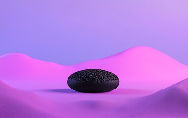 Poster - Black disc-shaped object rests on soft pink sand dunes under purple-pink lighting. Minimalist, abstract scene with smooth textures and contrasting colors