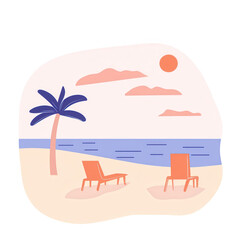 Wall Mural - A serene beach scene featuring two orange lounge chairs and a palm tree against a calm ocean backdrop. Perfect for evoking relaxation and vacation vibes.
