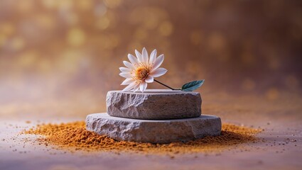 Poster - delicate flower resting on stone with colorful powder display in a serene setting
