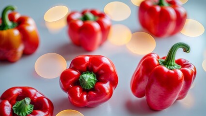 Poster - fresh red bell peppers surrounded by soft glowing lights on a smooth surface create a vibrant and ap