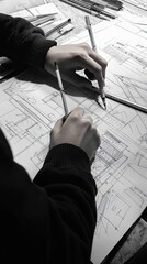 Poster - A person is drawing with a pencil on a blueprint paper