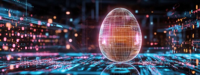 Poster - This digital art image showcases a futuristic egg design, surrounded by vibrant neon lights and abstract visuals, perfect for technology and innovation themes.