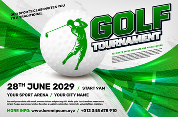 Wall Mural - golf tournament poster template with ball and dynamic shapes