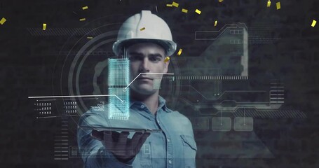 Poster - Holding tablet with building animation, construction worker viewing digital data overlay