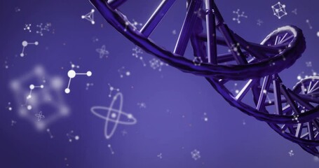 Poster - animation of dna strand with atomic symbols on purple background, scientific concept