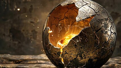Poster - Cracked Metallic Sphere with Glowing Light Dramatic Visual Effect Showcasing Intricate Textures and Mysterious Allure